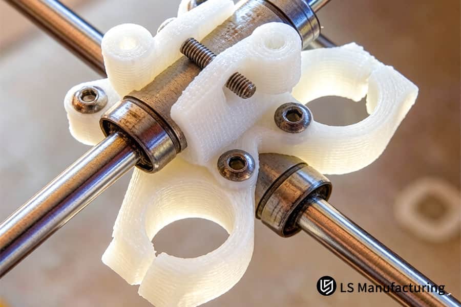 A white nylon adjustable clamp is being assembled with metal rods and screws for precise positioning.