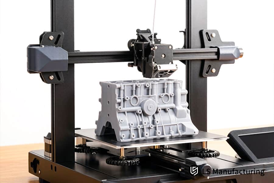La impresión 3D construye prototipos de bloques de motor grandes utilizando filamento ABS gris en talleres.