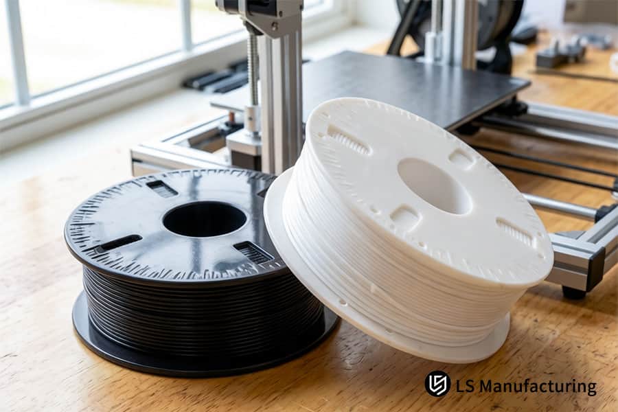 La preparación para la impresión 3D maneja carretes de filamento ABS en blanco y negro para la alimentación del material.
