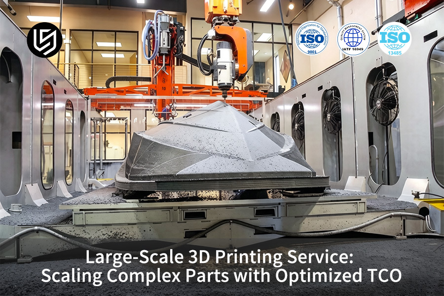 Large-scale 3D printing service sands a large boat hull inside industrial finishing chamber.