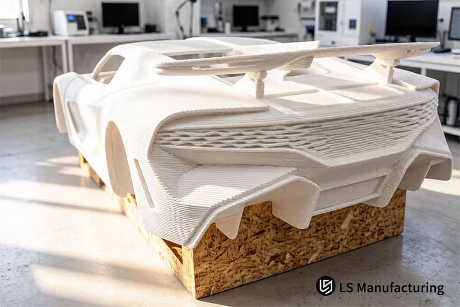El servicio de impresión 3D para la industria automotriz fabrica en el taller un prototipo de carrocería de plástico blanco.