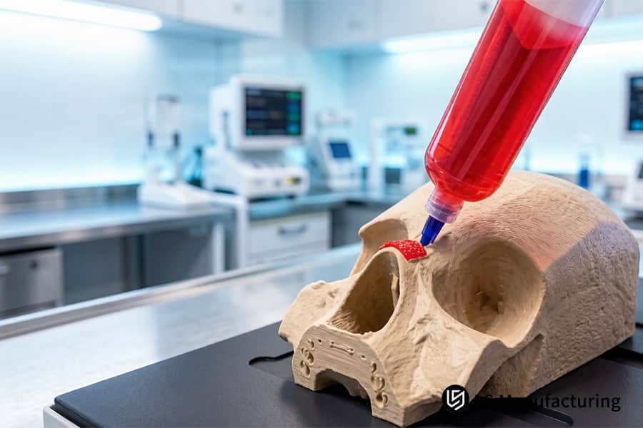 A laser melting system fabricates a porous titanium Ti6Al4V knee joint implant for orthopedic surgery.