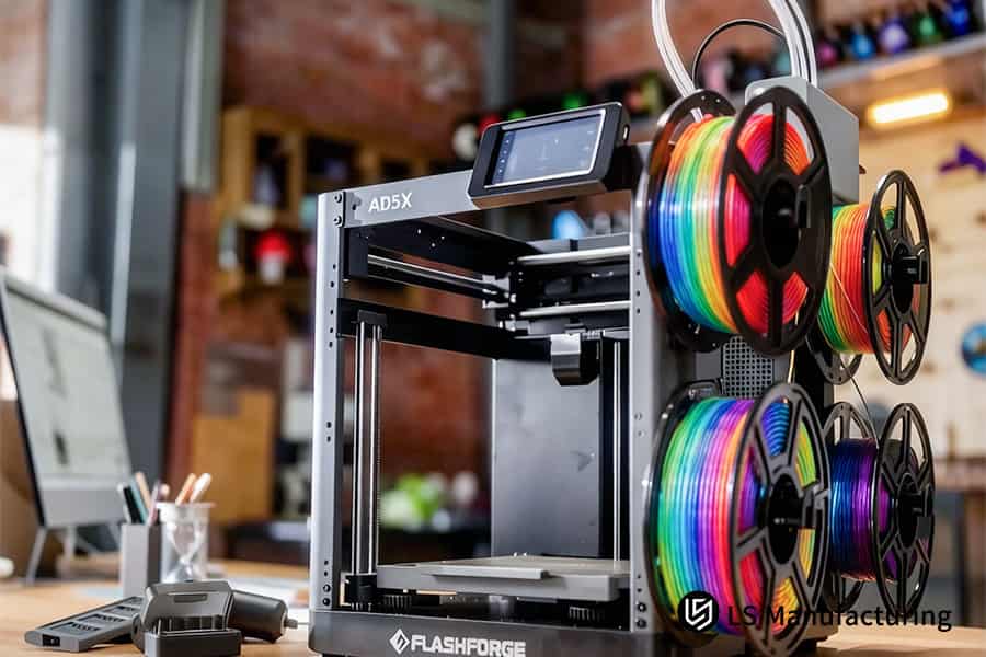 При настройке 3D-печати отображается многоцветная машина с упорядоченными катушками с нитью.