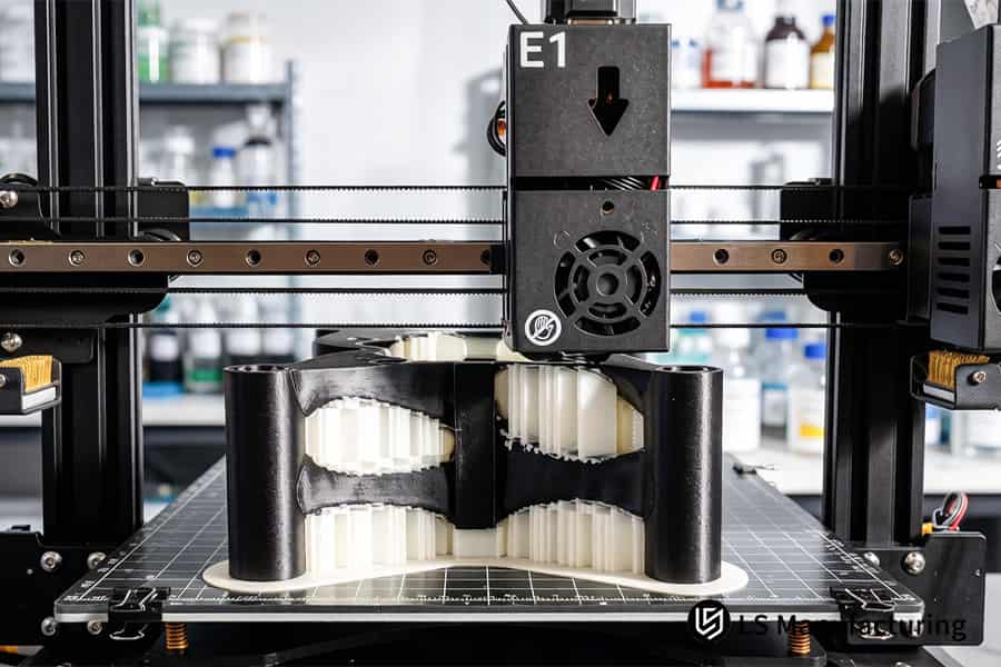 3D printing constructs overhang geometry with integrated soluble support structures.