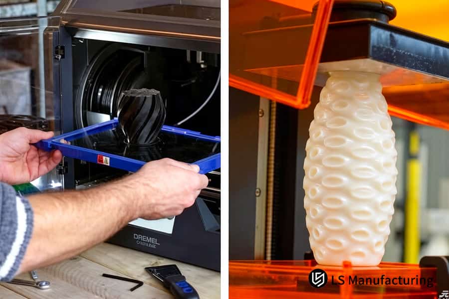 A technician removes a large resin model from the build chamber of a Dremel SLS 3D printer.