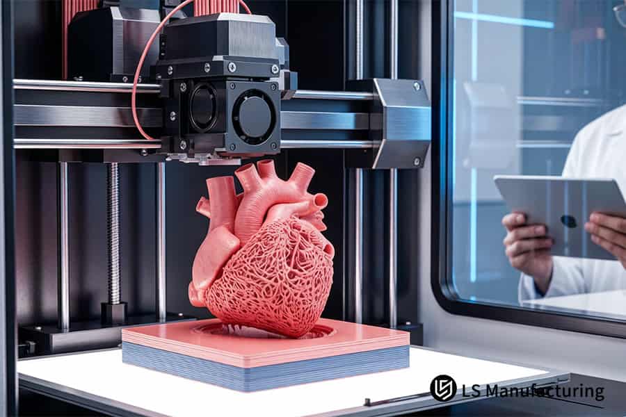 A precision 3D printer constructs a spinal cage from cobalt chrome alloy powder for implantation.