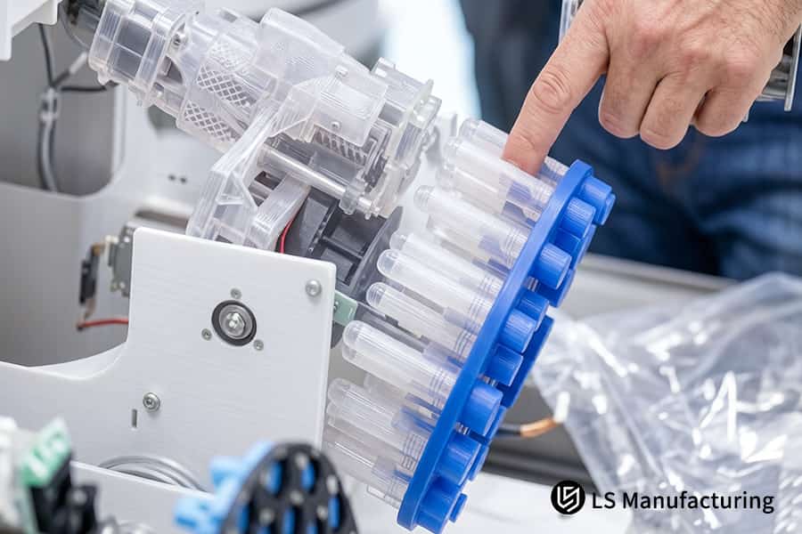 A medical additive manufacturing system manufactures a transparent biocompatible resin surgical guide.