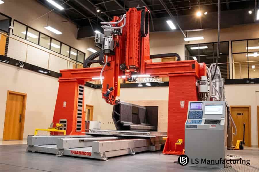 Red gantry mounted 3D printer deposits composite material to form large mold.