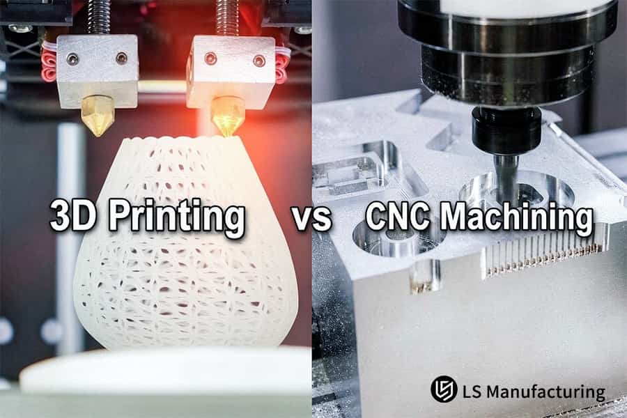 3D打印与CNC加工服务对比,图中展示了白色晶格结构和铝块。