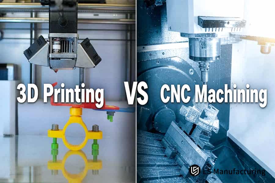 3D打印与CNC加工服务对比,图中展示了黄色夹具部件和金属组件。
