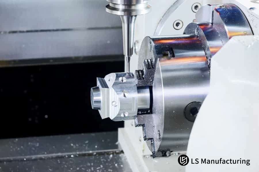 Performing precision 5-axis CNC machining services near me on a durable aluminum alloy part within a LS Manufacturing machine shop.