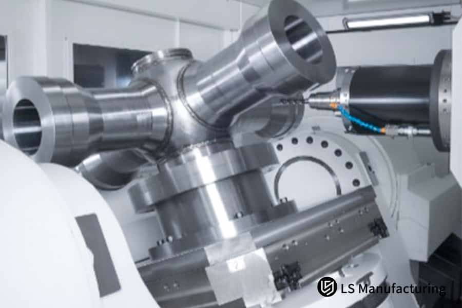 Machining a precision metal component with coolant for industrial parts and supplier capability demonstration.