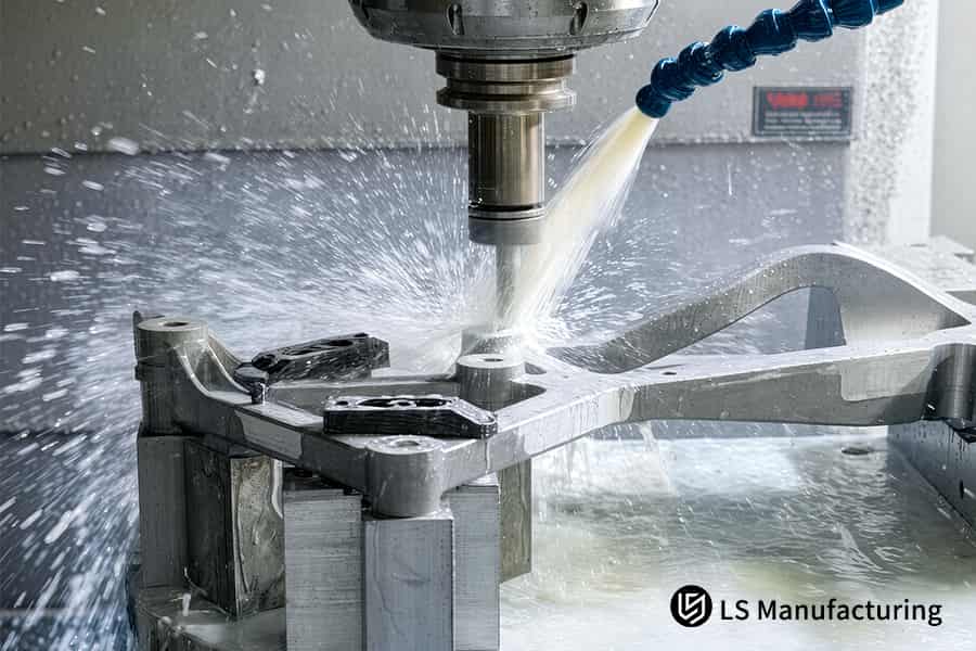 5-axis CNC machining sprays coolant on aluminum bracket at 0.015 mm.
