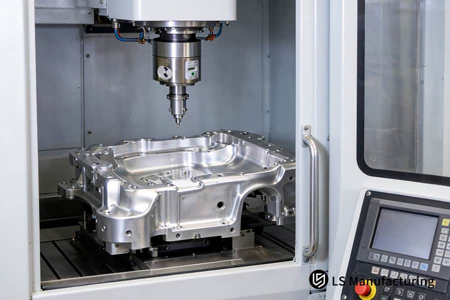 Head machines aluminum housing illustrating single setup 5-axis machining reducing 5-axis CNC milling cost by 28 percent.