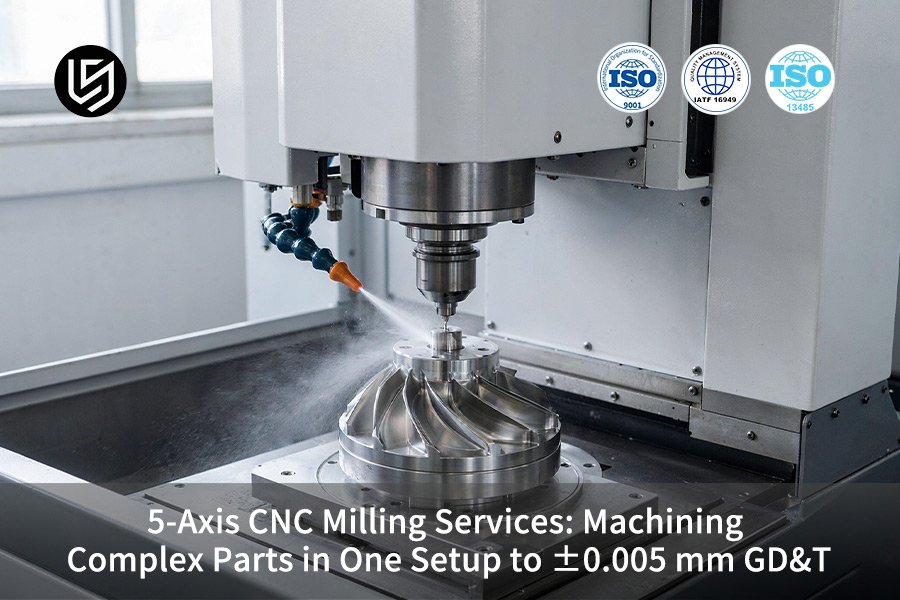Machine head mills impeller with coolant demonstrating 5-axis CNC milling services at ±0.005 mm GD&T.
