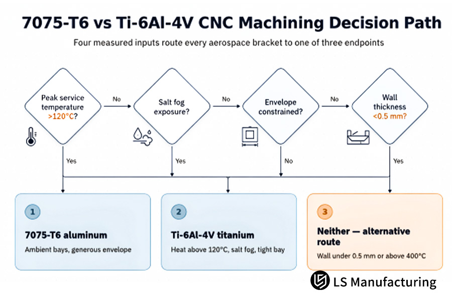 7075-T6 vs Ti-6Al-4V CNC machining decision path runs from peak temperature through salt fog to three endpoints.