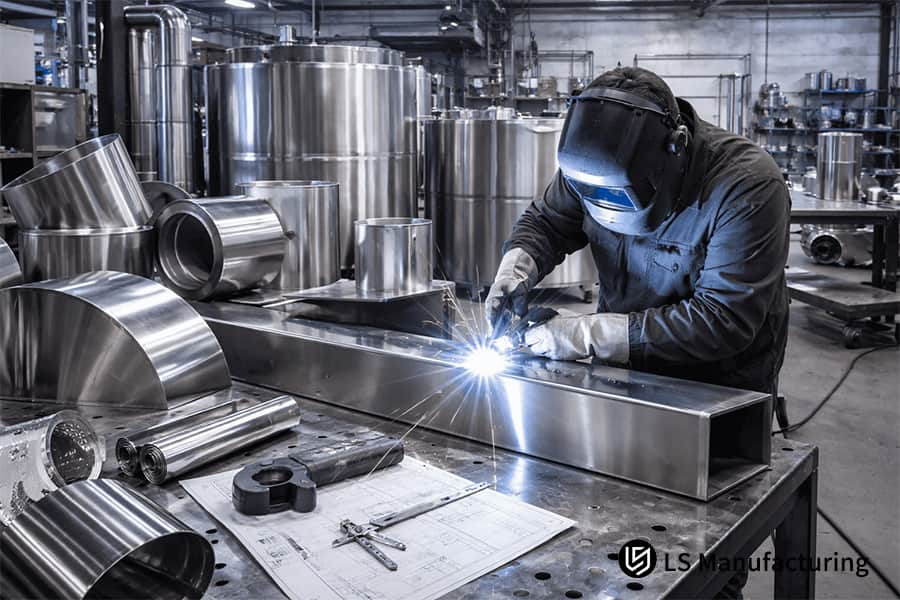 焊工在工业机械或结构支撑的不锈钢框架上进行精密 TIG 焊接。