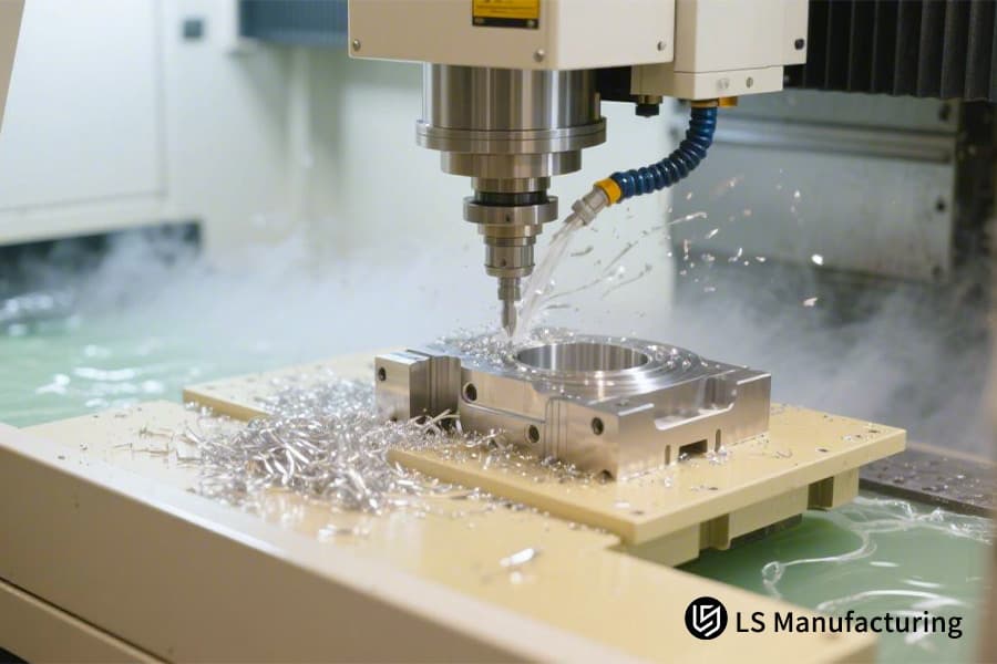 Machining a precision grade 5 titanium bracket with coolant for a lightweight aerospace assembly.