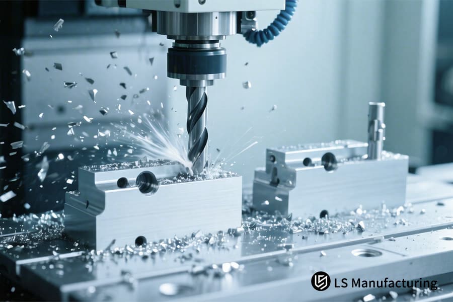 Обработка алюминиевого блока с высокими допусками с использованием СОЖ для компонентов промышленной автоматизации или робототехники.