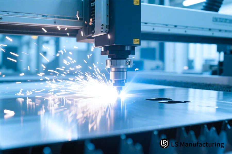 Piercing stainless steel sheet with a high precision laser for industrial machinery or enclosure parts.