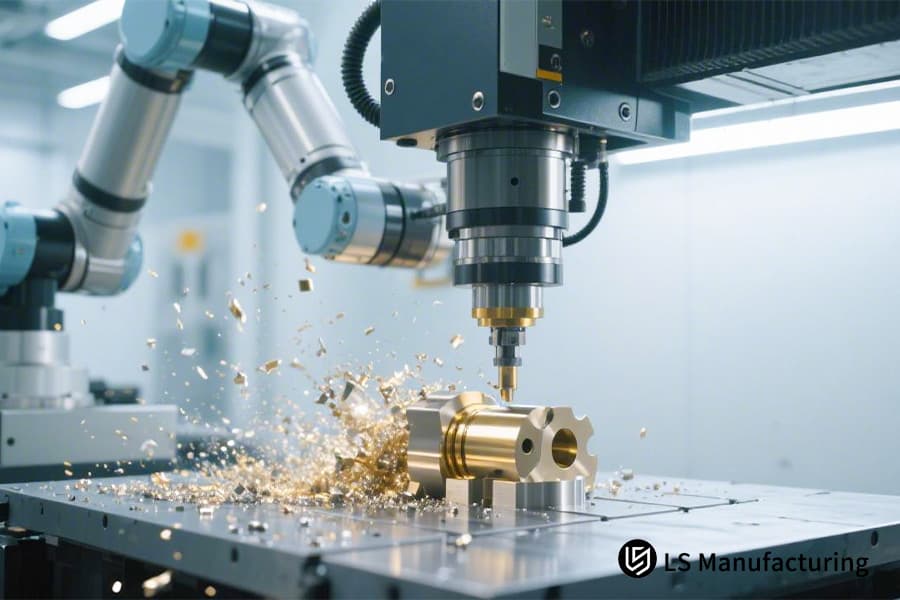 A robotic CNC machine mills grade 5 titanium with high speed for lightweight aerospace structural parts.