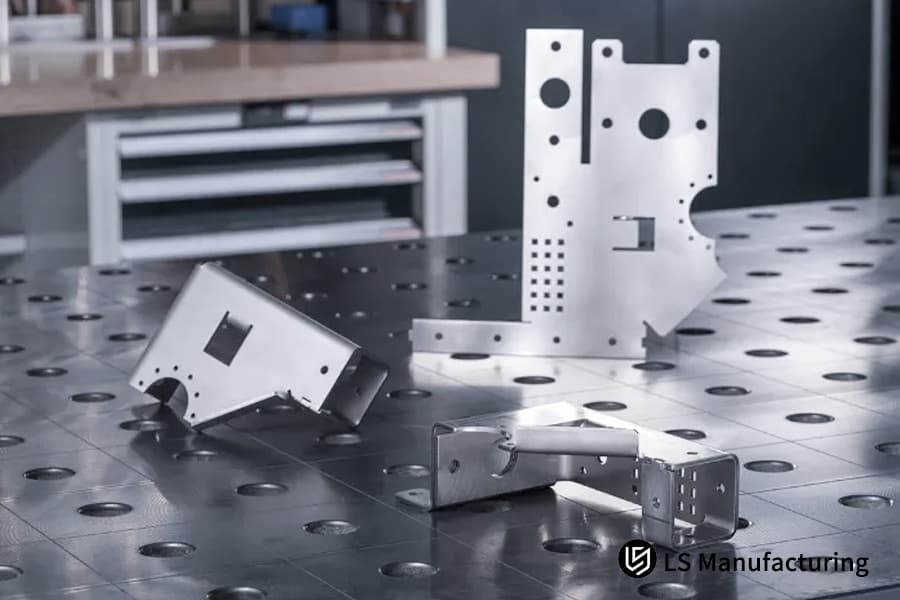 Bent stainless steel parts on a worktable.