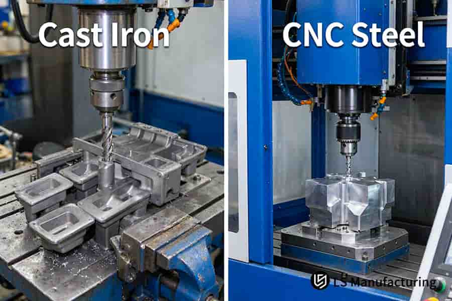 Les ébauches en fonte comportent plusieurs orifices percés, tandis que la machine CNC usine un bloc d'acier à partir d'une barre pleine.