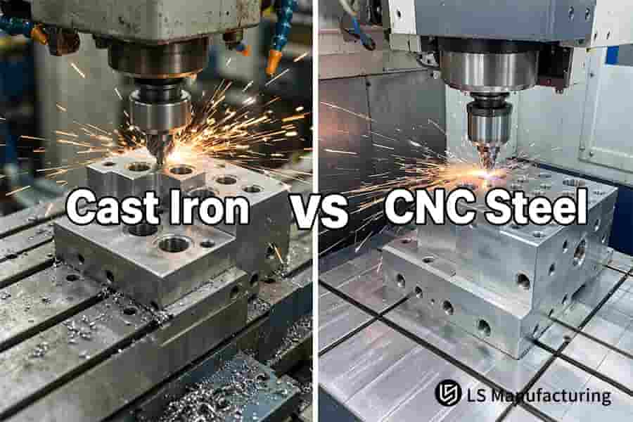 Un collecteur en fonte projette des copeaux denses lors du perçage, tandis que l'usinage CNC laisse des conduits en acier plus brillants.