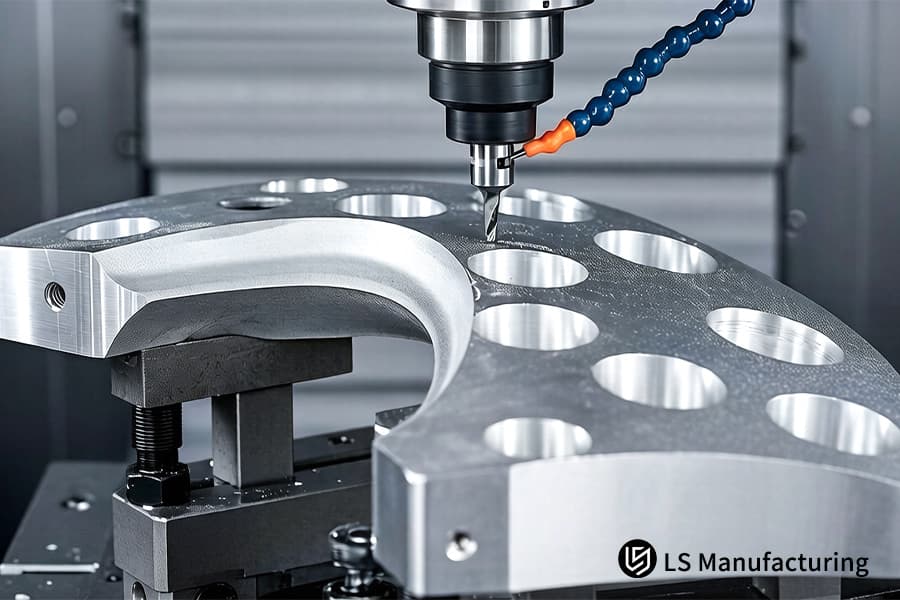 A CNC machine performs countersink holes CNC machining on 6061 aluminum for automotive chassis components.