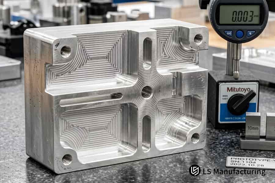 Custom CNC parts manufacturer measures depth of precision machined pockets in aluminum injection mold core.
