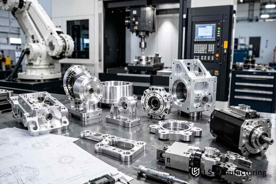 Precision CNC machining automatically loads raw aluminum parts into machining center for manufacturing.