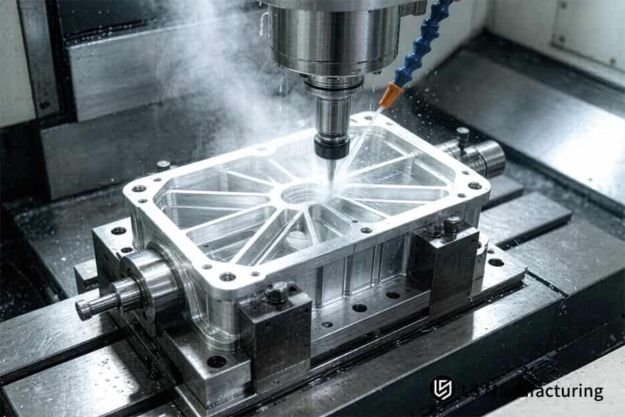Precision CNC milling machines aluminum transmission housing with coolant application.
