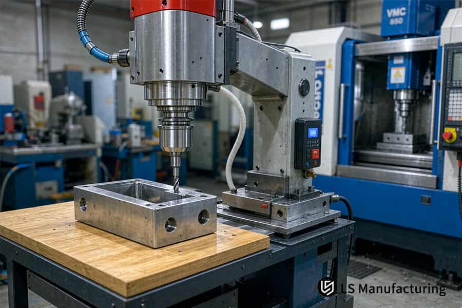Perçage d'un bloc carré sur une cellule de production ; le palpage en cours de processus maintient l'alésage à ±0,005 mm sans réglages supplémentaires.