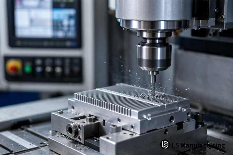 La lavorazione di precisione taglia alette parallele in un blocco di dissipatore di calore in metallo, inviando trucioli finissimi oltre il dispositivo di fissaggio.