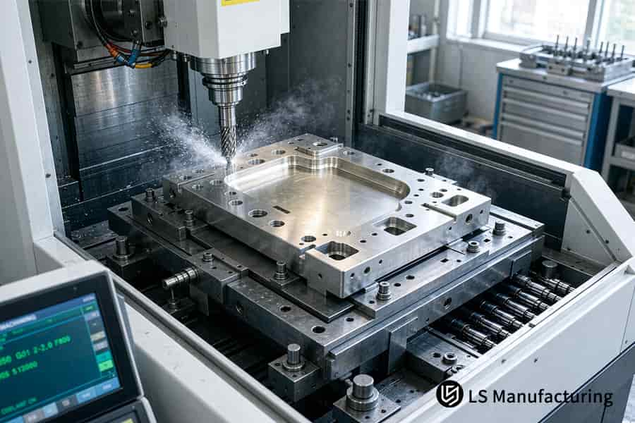 Arrosage de liquide de refroidissement sur une plaque 6061-T6 lors d'un usinage de finition compensé par sonde (Projet n° AUTO-2026-894, alésages ±0,008 mm).