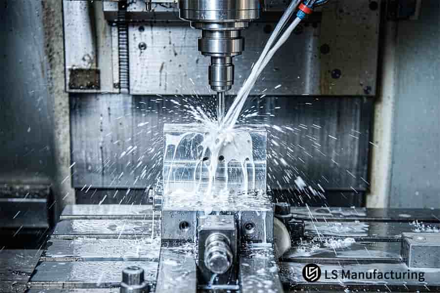Fresatrice CNC per blocchi valvole con liquido di raffreddamento, con una precisione di ±0,005 mm.