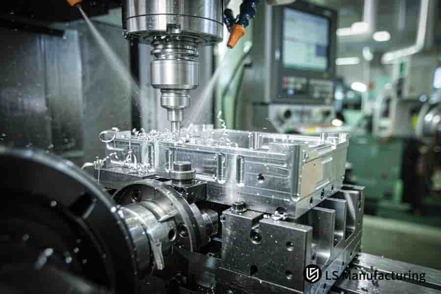 Le frese a controllo numerico computerizzato inseriscono le scanalature in un alloggiamento metallico bloccato, mentre il liquido di raffreddamento lava via i trucioli.