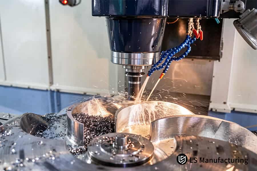 CNC tolerance resolution cuts intricate cooling channels into stainless steel pump flange with coolant.