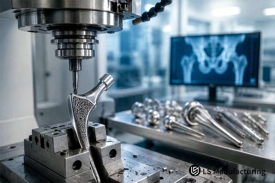 Usinagem CNC de precisão China esculpe implante de quadril ti6al4v de titânio com precisão de 0,01 mm para cirurgia médica.