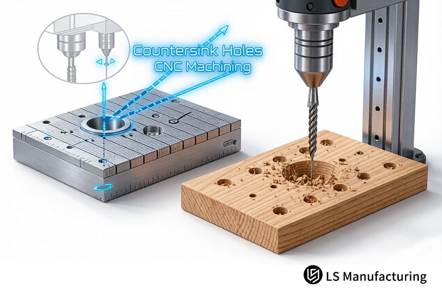 A CNC router cuts countersink holes in wood for custom furniture or decorative panel components.