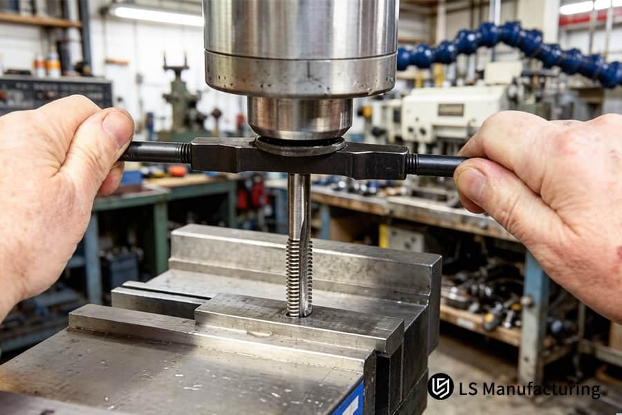Un operatore taglia le filettature in un blocco di acciaio al carbonio medio per utensili personalizzati o componenti di officine di riparazione.
