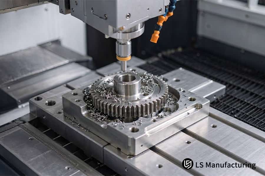 Spindle mills gear shaft showing precision 5-axis CNC machining and how to hold GD&T tolerances at ±0.005 mm.