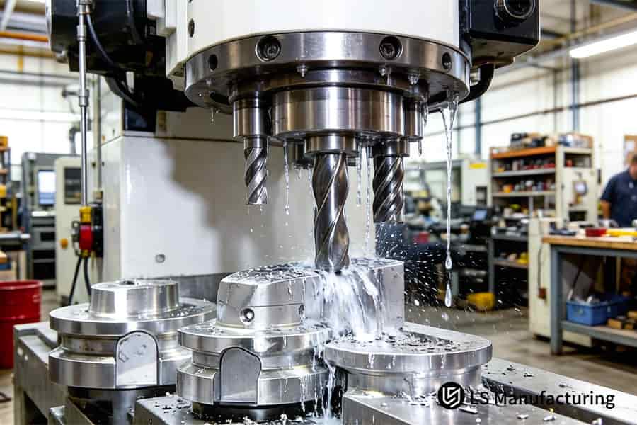A five-axis CNC machine mills 6061 aluminum engine mounts with coolant for aerospace assembly applications.