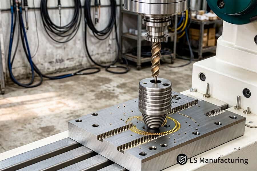 Una fresa CNC taglia filettature precise in un maschio in acciaio legato ad alta durezza per applicazioni di fissaggio di automobili o macchinari.