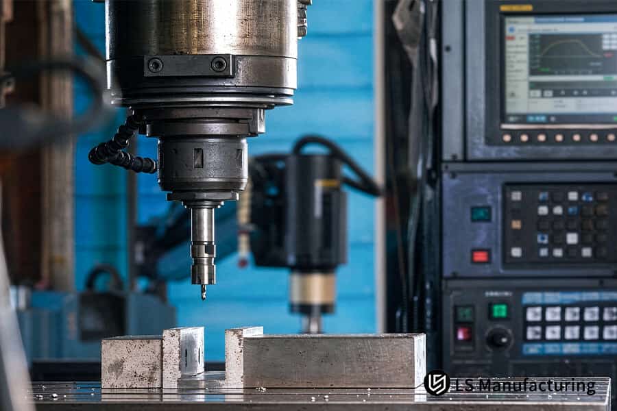 5-axis CNC milling machine spindle positioning above aluminum block.