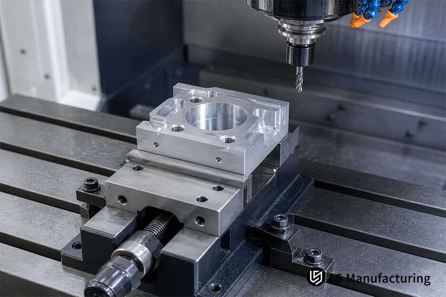 Affordable CNC milling service drills square aluminum part on vertical center.