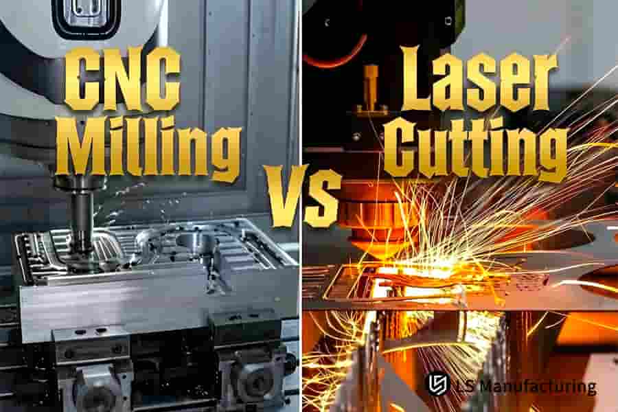Die Ansicht stellt das CNC-Fräsen, bei dem Stahlspäne entstehen, dem Laserschneiden gegenüber, bei dem Funken für industrielle Bauteile erzeugt werden.