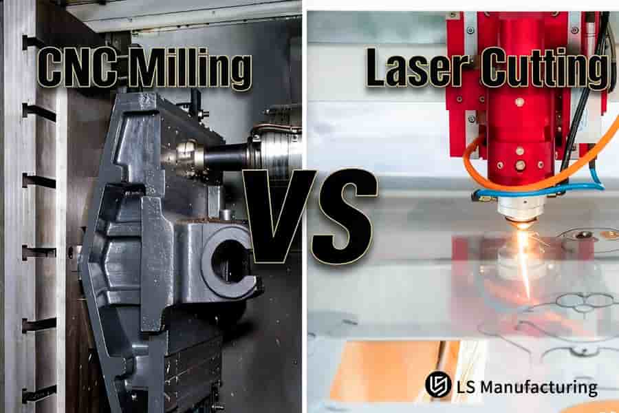 Das Bild stellt die CNC-Fräsbearbeitung eines Metall-Automobilbauteils dem Laserschneiden einer Entlüftungsöffnung für ein medizinisches Gerät bei LS Manufacturing gegenüber.
