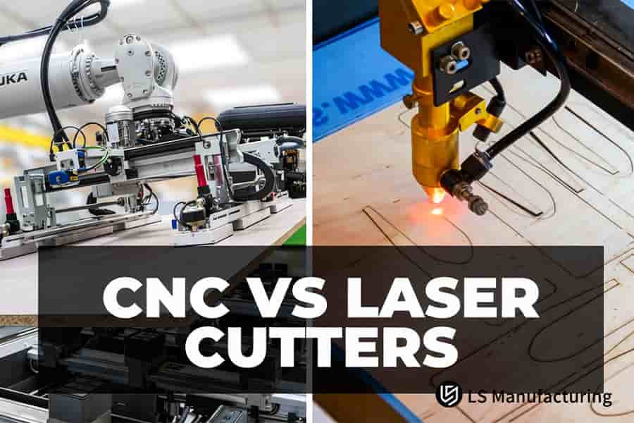 Die Darstellung stellt den komplexen Aufbau einer CNC-Maschine den hochpräzisen Linien eines Laserschneiders für die Präzisionsfertigung gegenüber.