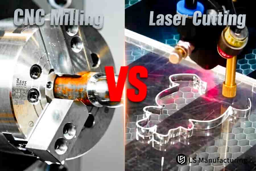 Die Tafel stellt die CNC-Fräsbearbeitung eines verrosteten Metallwerkstücks dem Laserschneiden von Acryl in Formen für die schnelle Prototypenfertigung gegenüber.